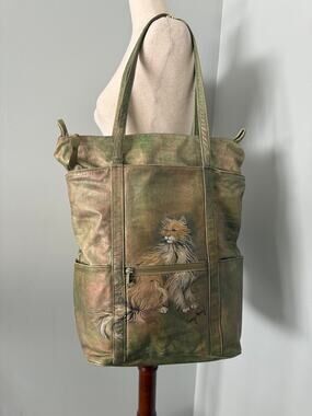 Vintage Fancy Nancy Large Metallic Green Cat Leather Tote Shoulder Bag USA